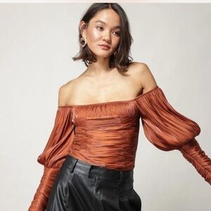Line and dot Off-Shoulder Rust copper mini pleated milkmaid Top puff sleeve s